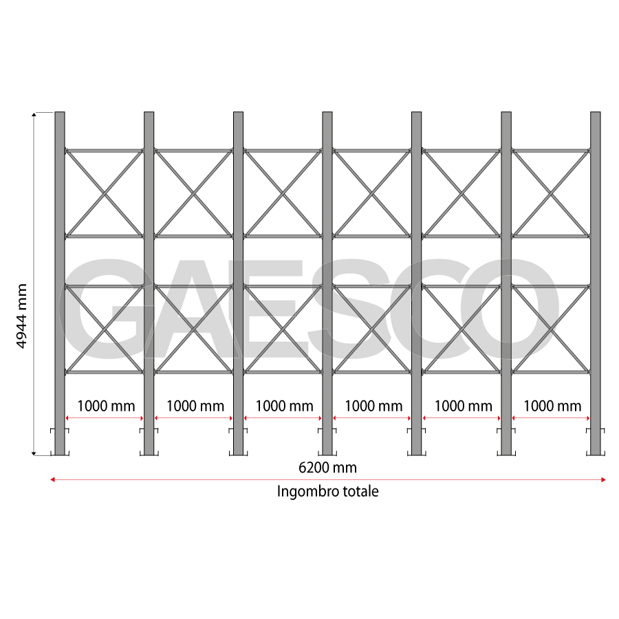 Cantilever Monofronte da 6 mt (crociera da 100 cm) H 500 cm c/4 mensole p. 150 cm - Port. Kg. 3730