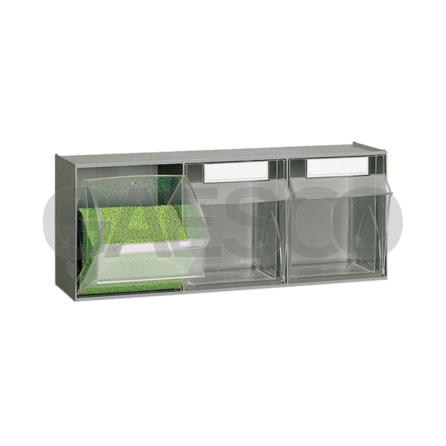 Casettine plastica trasparente a 3 Scomparti, apertura basculante / cm. L.60xP.21xH.24