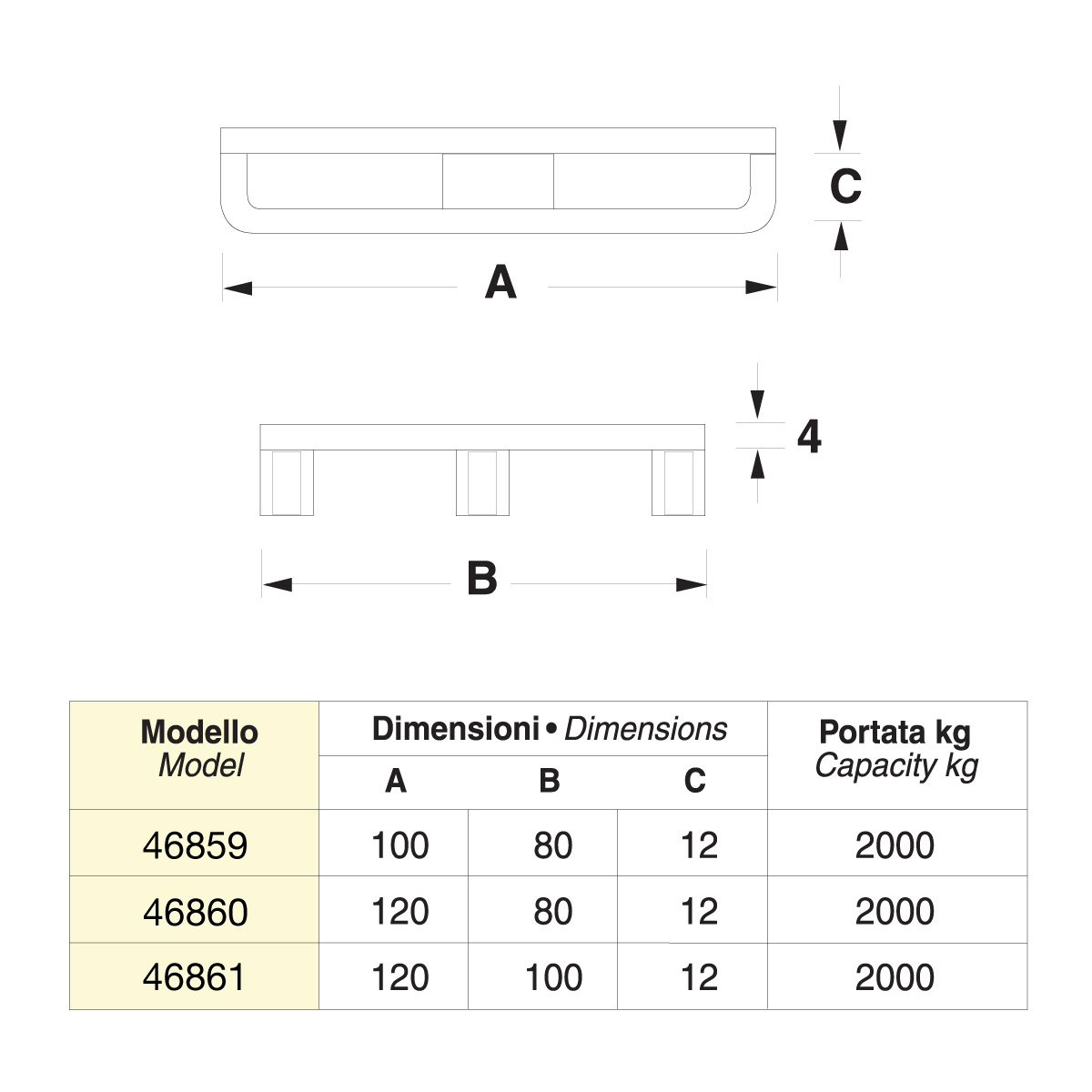 Pedana in metallo su 3 slitte - Dim. 120x80x16 - Portata: 2000 kg.