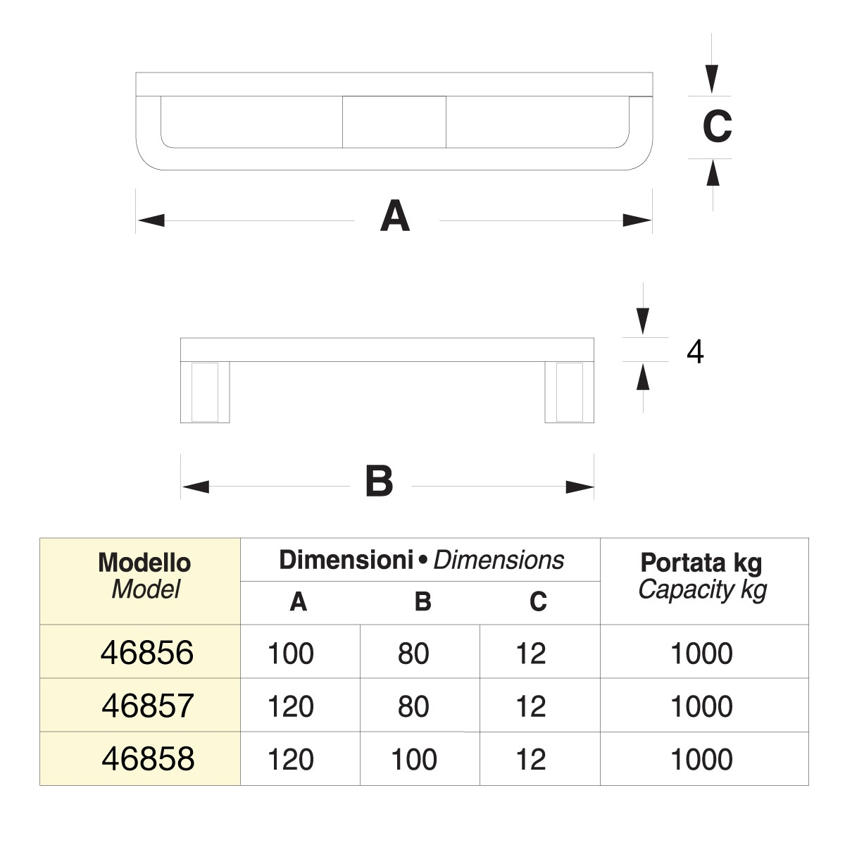 Pedana in metallo su 2 slitte - Dim. 120x80x16 - Portata: 1500 kg.