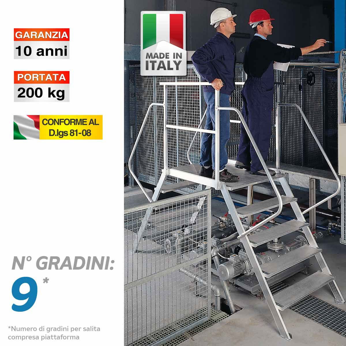 Scala fissa a doppia salita con piattaforma e parapetto (larghezza rampa: 60 cm.) - 9 gradini