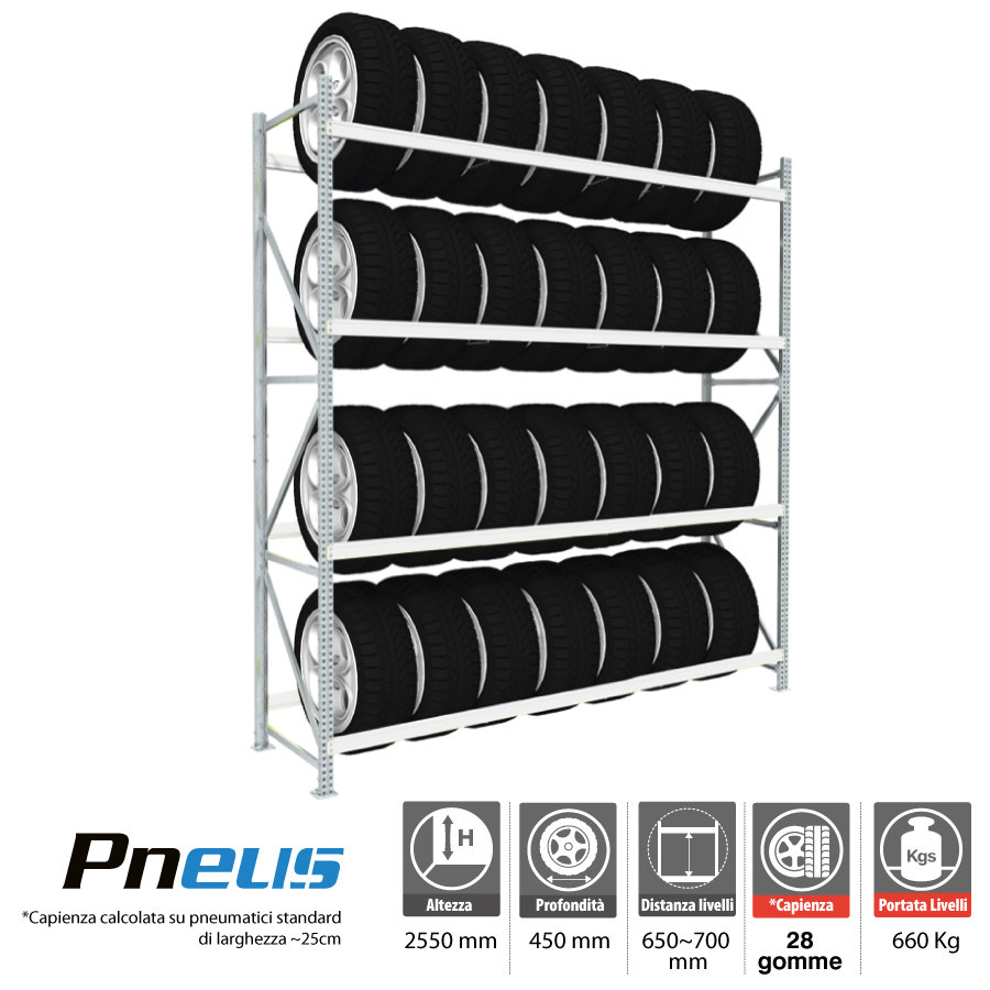 Scaffale portagomme per 28 pneumatici / cm. L.180xP.50xH.255