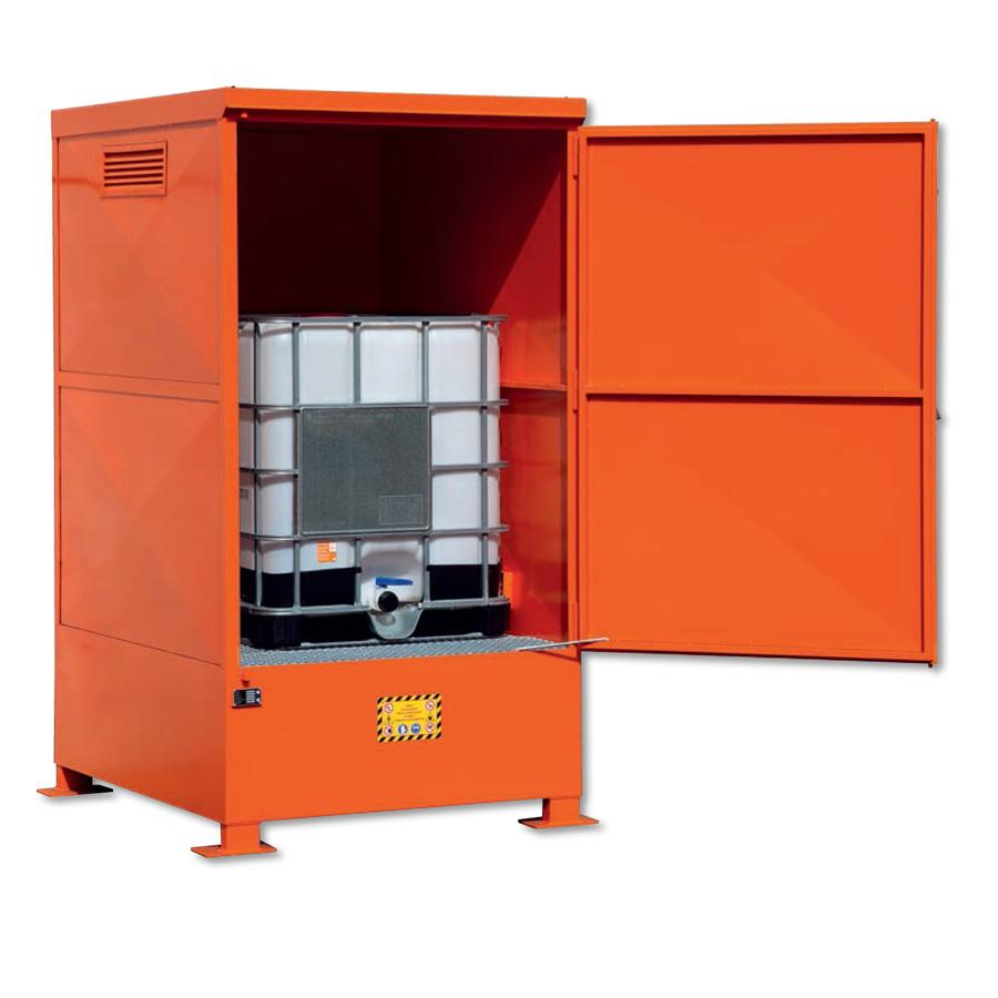 Deposito stoccaggio esterno per 1 cisternetta da 1000 LT con vasca contenimento /cm.L.135xP.166xH.250