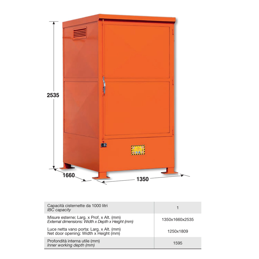 Deposito stoccaggio esterno per 1 cisternetta da 1000 LT con vasca contenimento /cm.L.135xP.166xH.250