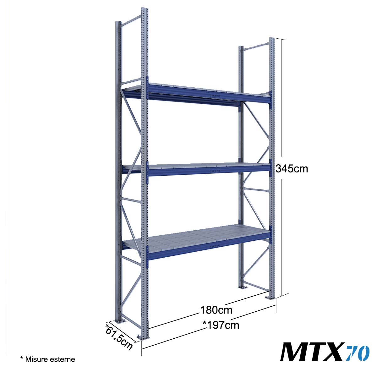 Scaffali con ripiano lungo MTX70 / cm. L.180xP.60xH.345-BASE