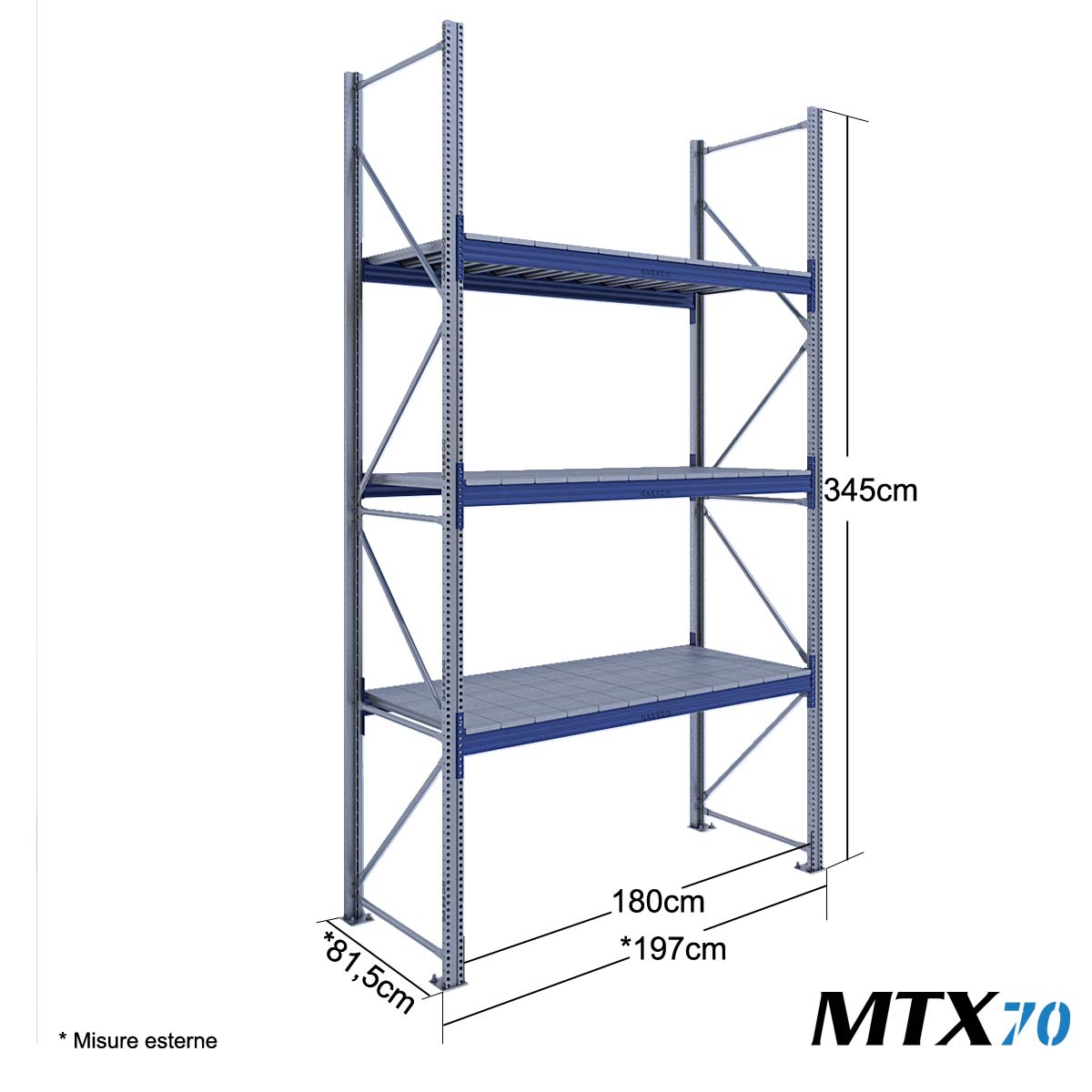 Scaffali con ripiano lungo MTX70 / cm. L.180xP.80xH.345-BASE