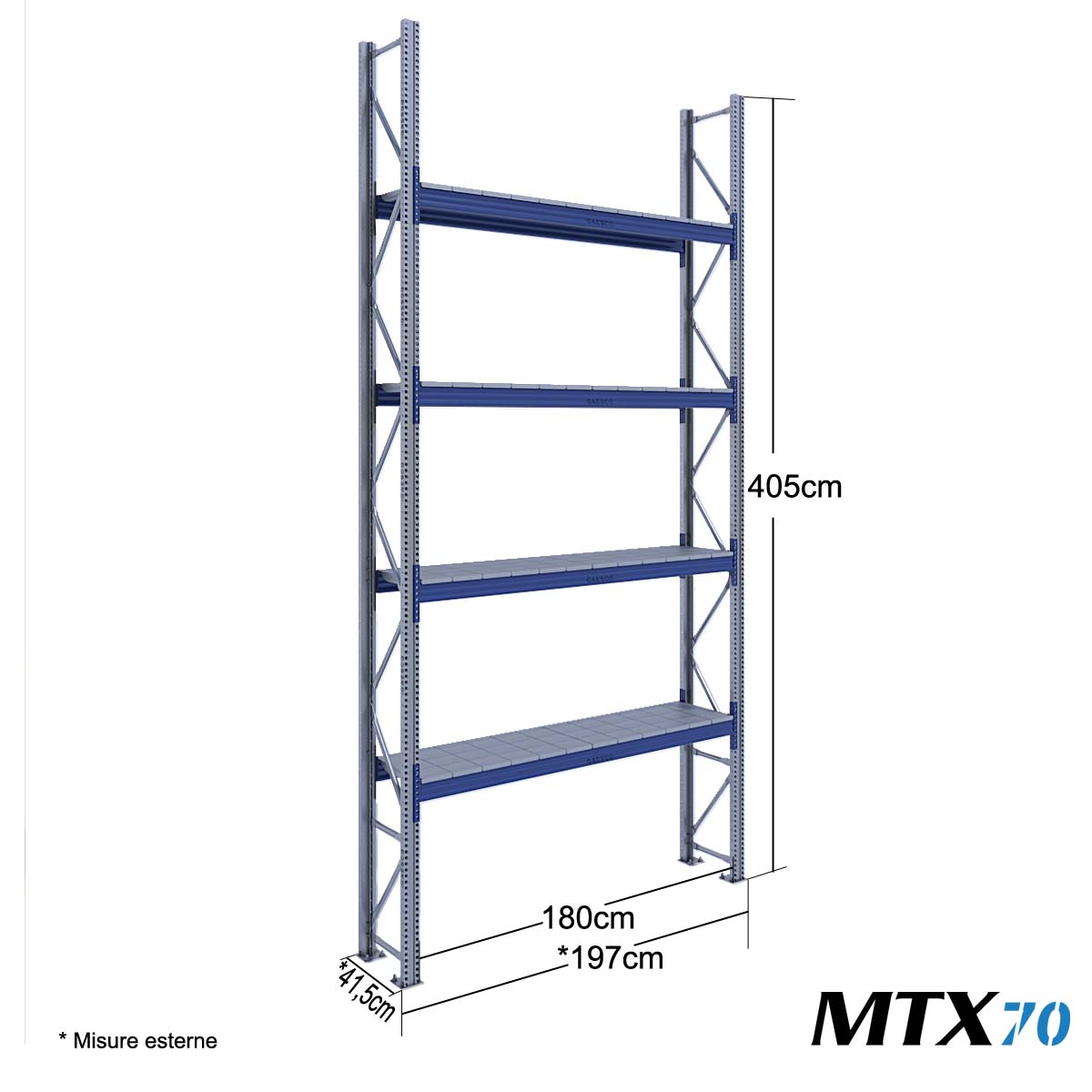 Scaffali con ripiano lungo MTX70 / cm. L.180xP.40xH.400-BASE