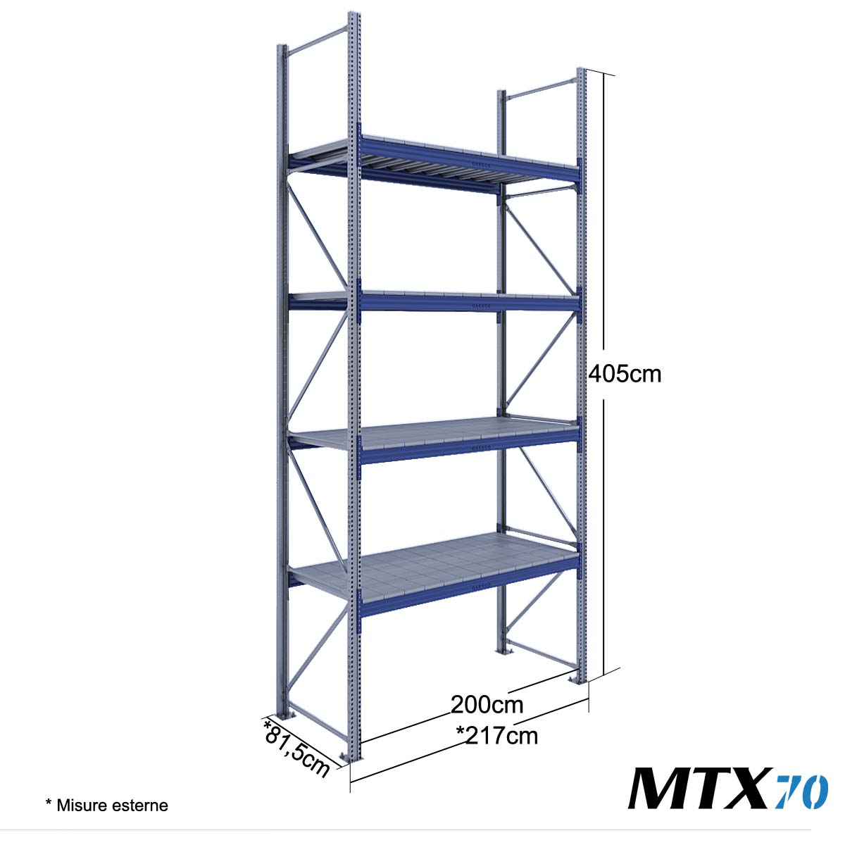 Scaffali con ripiano lungo MTX70 / cm. L.200xP.80xH.400-BASE