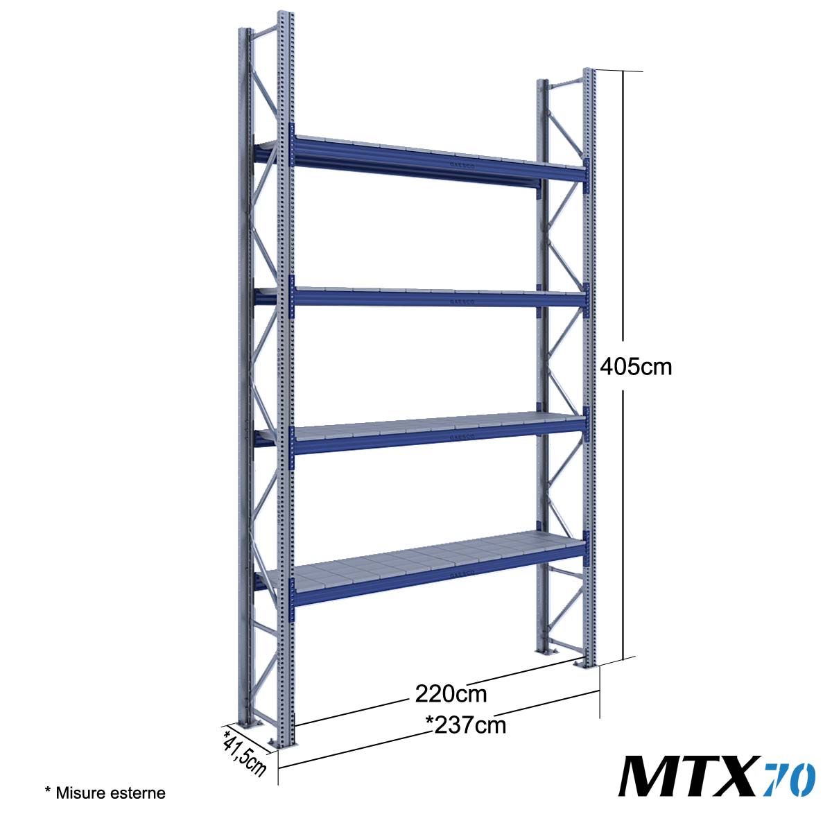 Scaffali con ripiano lungo MTX70 / cm. L.220xP.40xH.400-BASE