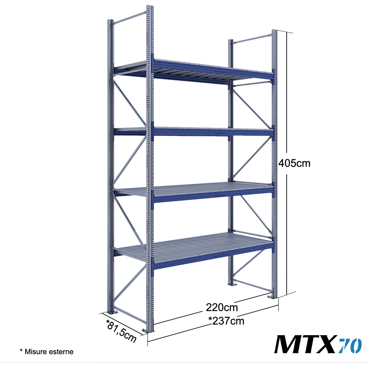 Scaffali con ripiano lungo MTX70 / cm. L.220xP.80xH.400-BASE