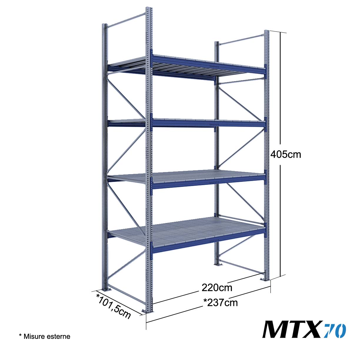Scaffali con ripiano lungo MTX70 / cm. L.220xP.100xH.400-BASE