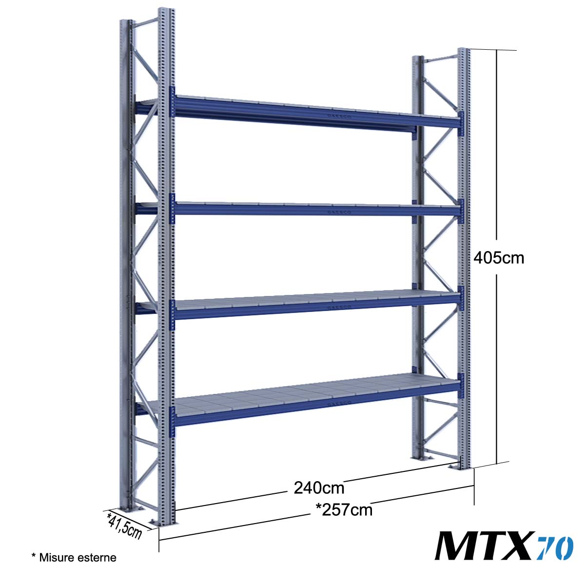 Scaffali con ripiano lungo MTX70 / cm. L.240xP.40xH.400-BASE