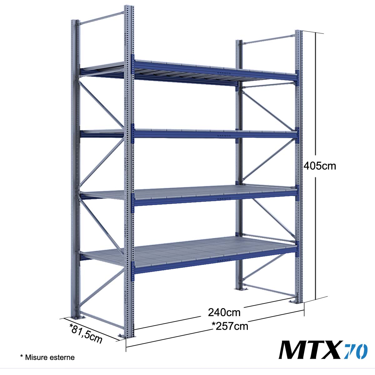 Scaffali con ripiano lungo MTX70 / cm. L.240xP.80xH.400-BASE