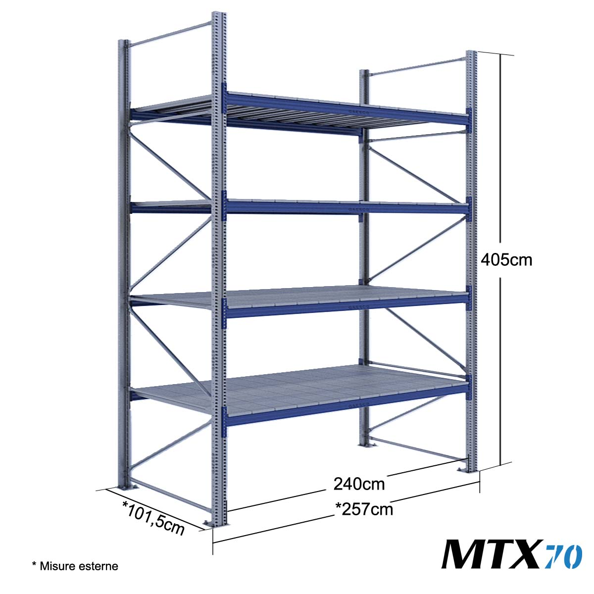 Scaffali con ripiano lungo MTX70 / cm. L.240xP.100xH.400-BASE