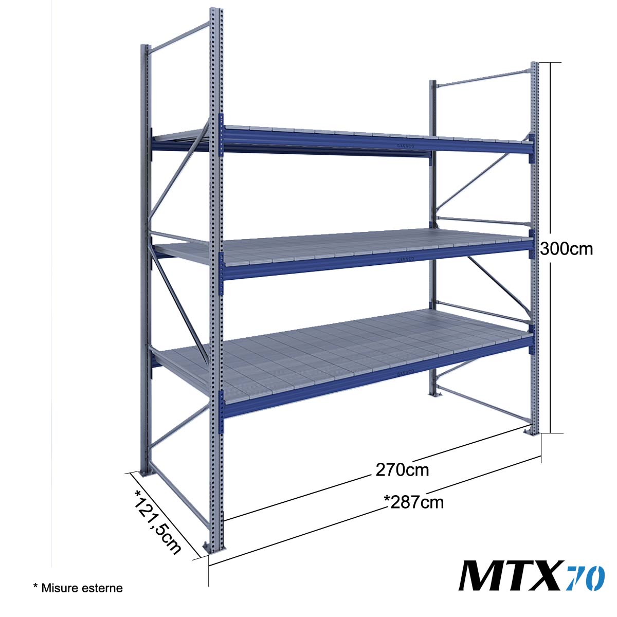 Scaffali con ripiano lungo MTX70 / cm. L.270xP.120xH.300-BASE