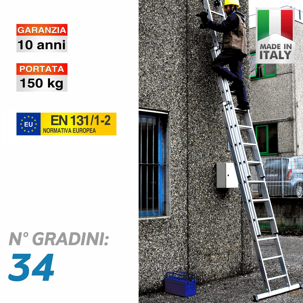 Scala professionale allungabile in 3 tronchi a sfilo - 34 gradini