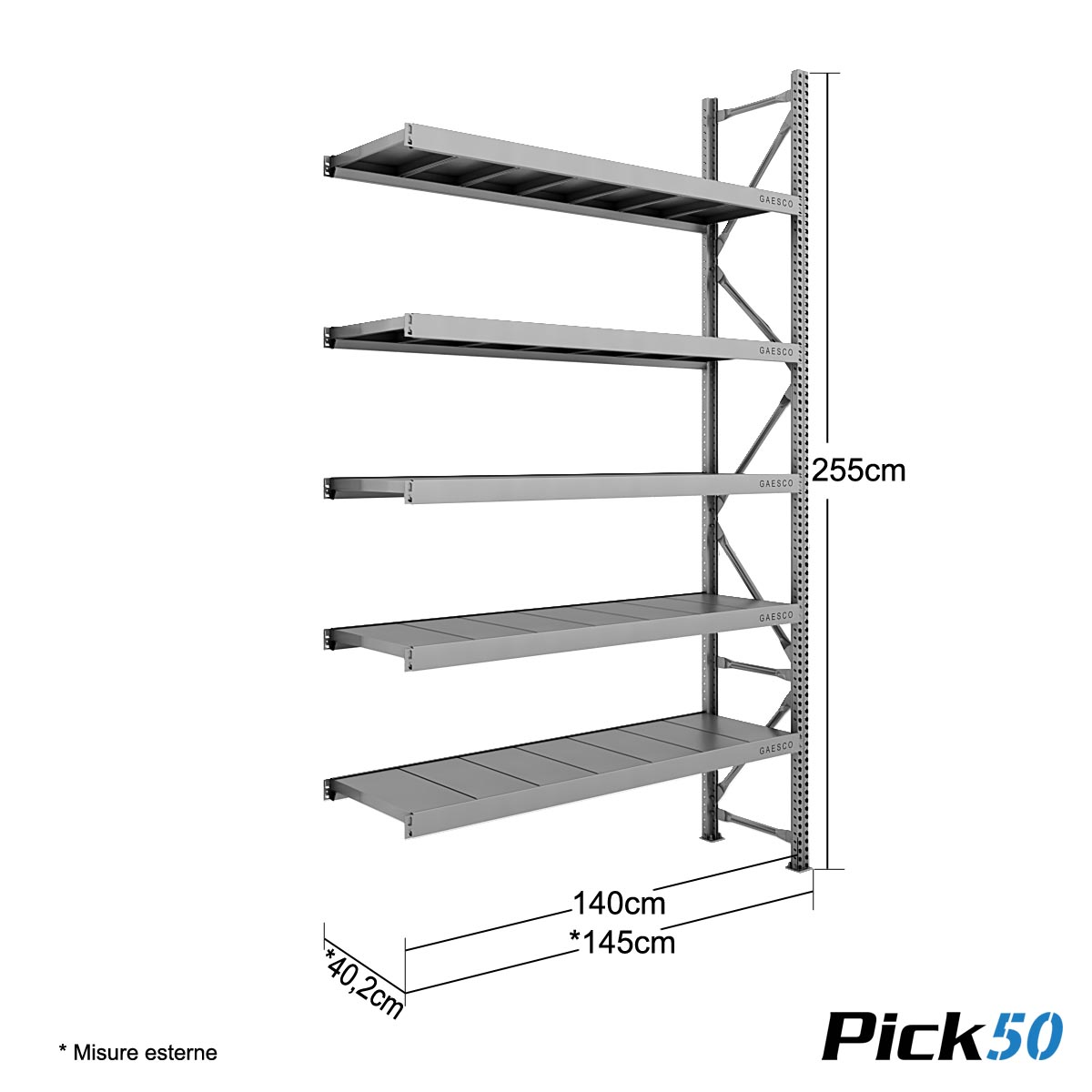 Scaffale Magazzino Robusto - cm. L.140xP.40xH.255 - Pick50 (Agg.)