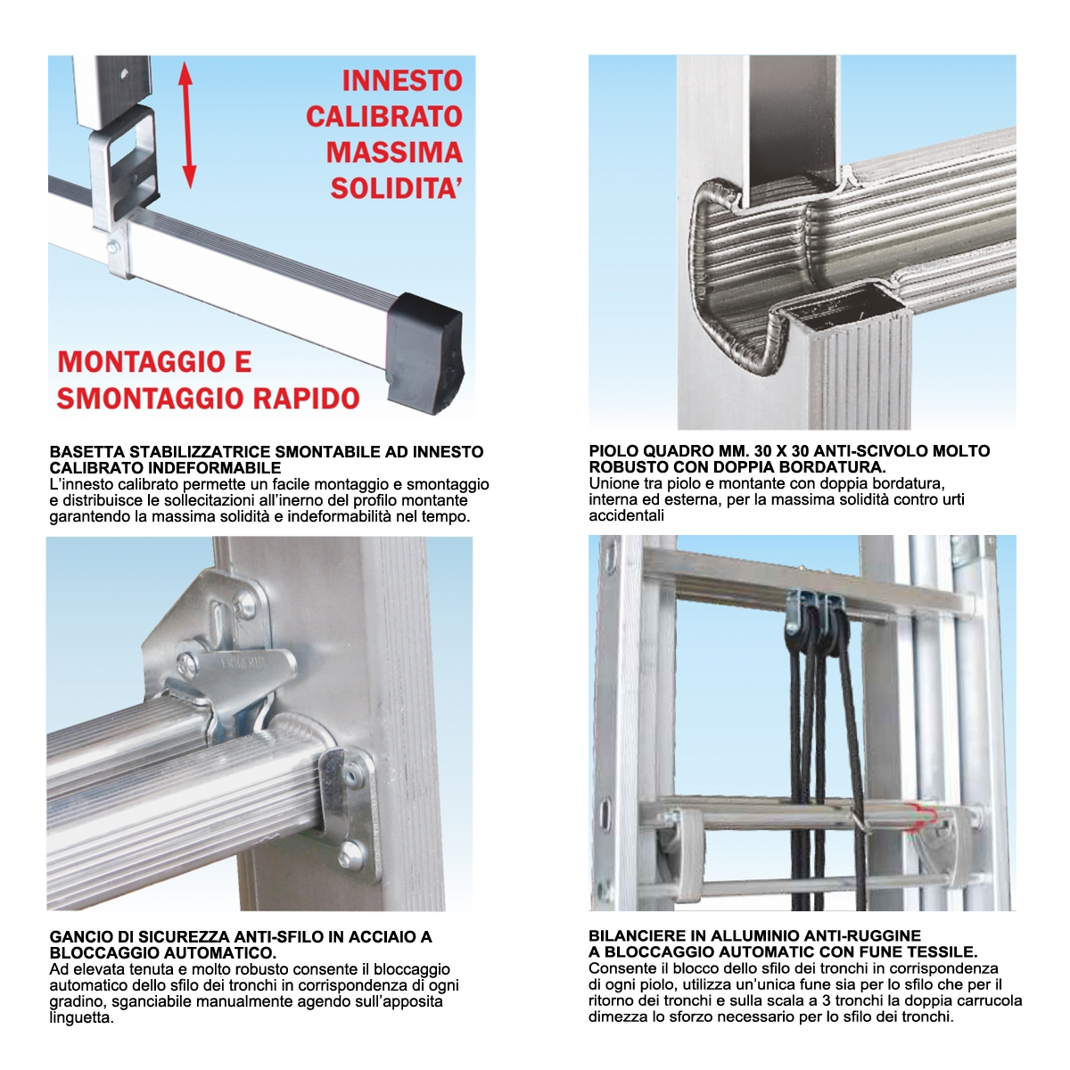 Scala professionale allungabile in 3 tronchi con fune - 48 gradini