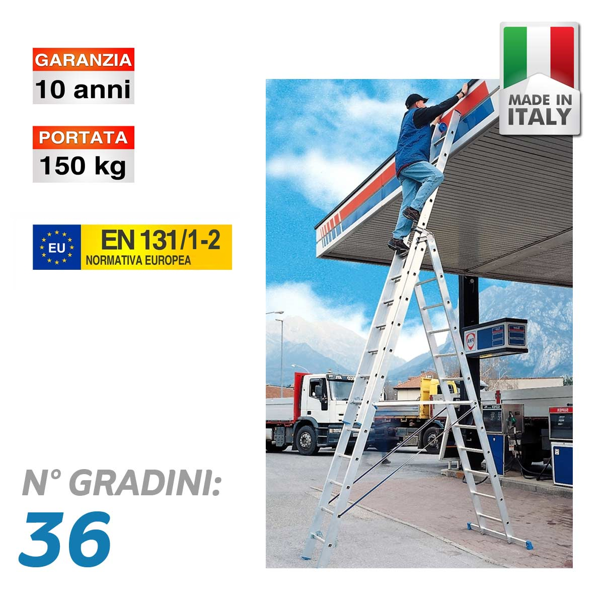 Scala professionale multiuso in 3 tronchi con base stabilizzante - 36 gradini