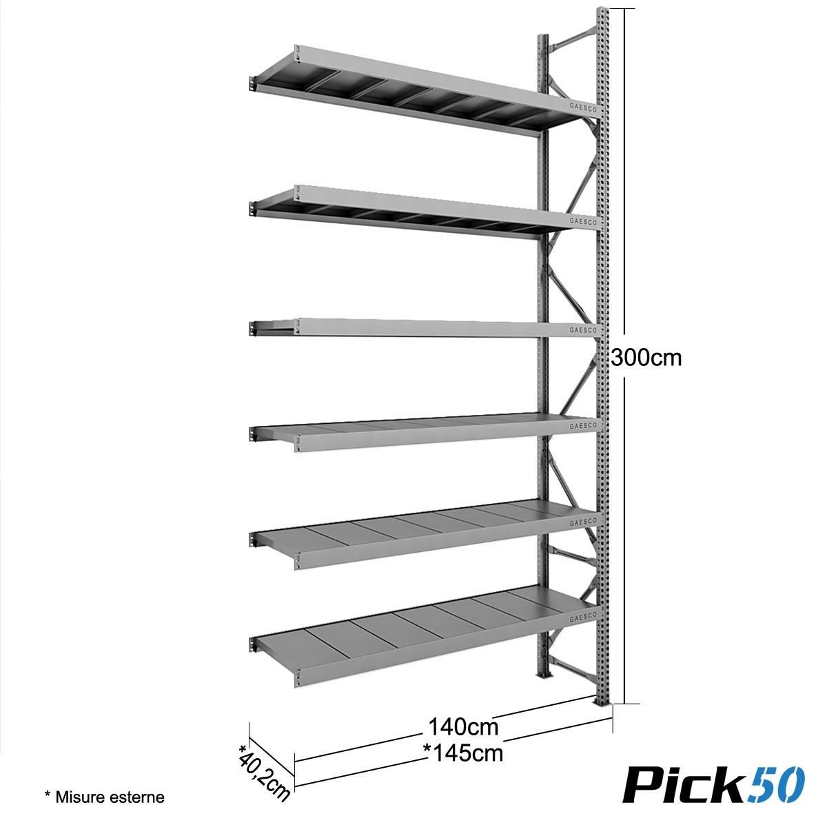 Scaffale Magazzino Robusto - cm. L.140xP.40xH.300 - Pick50 (Agg.)