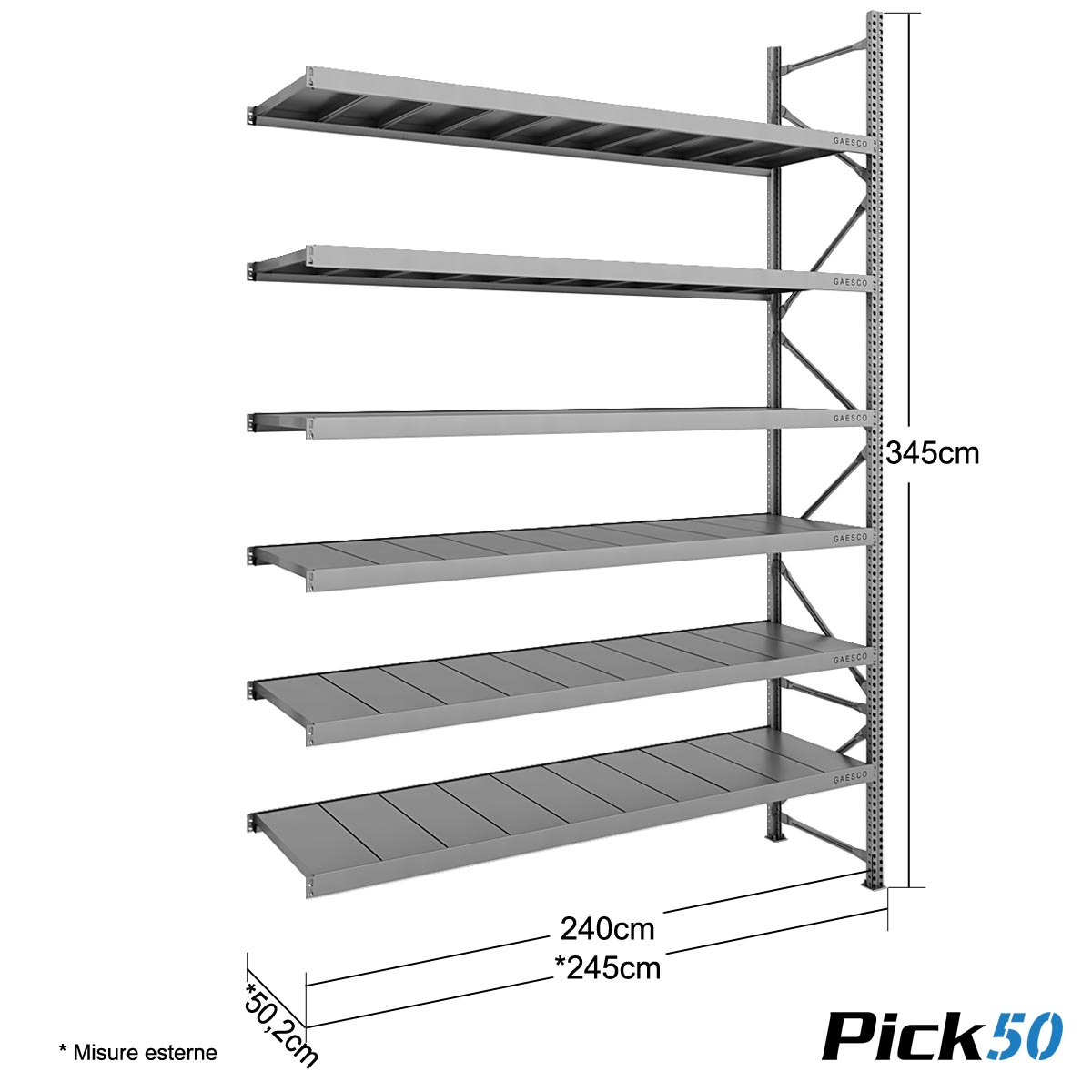Scaffale Magazzino Robusto - cm. L.240xP.50xH.345 - Pick50 (Agg.)
