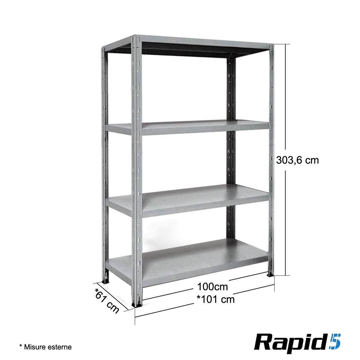 Scaffale Acciaio Rapid5 Zinc. 4 Rip.150KG - L.100xP.60xH.300 cm