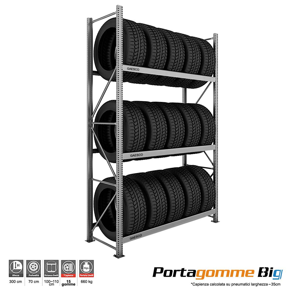 Scaffale Porta Gomme Big 3 livelli / cm. L.180xP.70xH.300-BASE