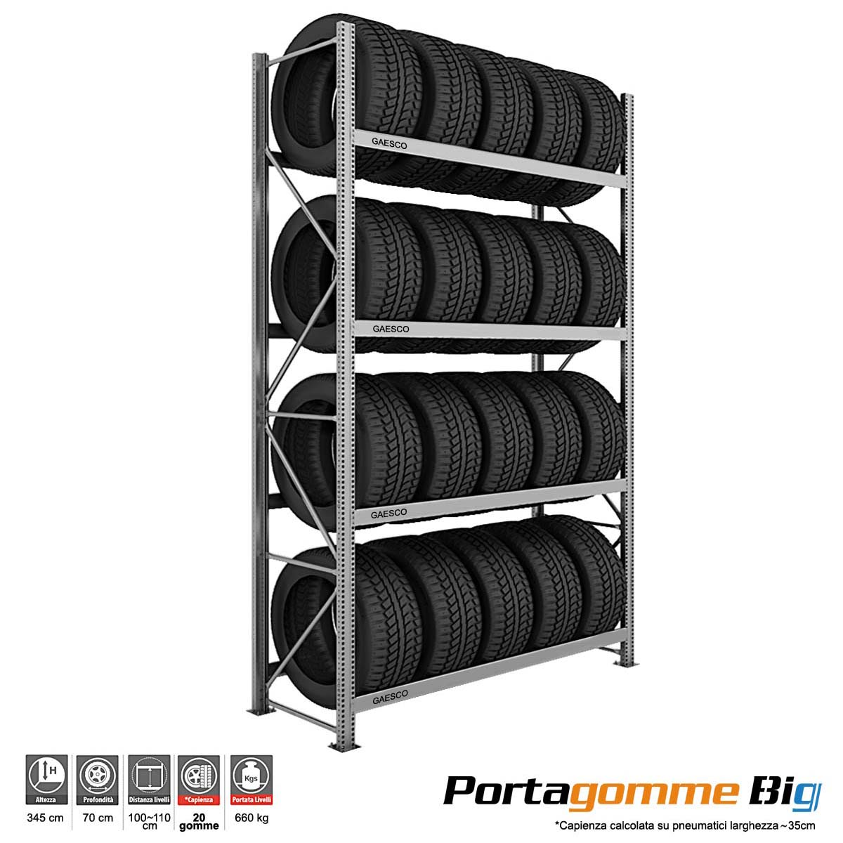 Scaffale Porta Gomme Big 4 livelli / cm. L.180xP.70xH.350-BASE
