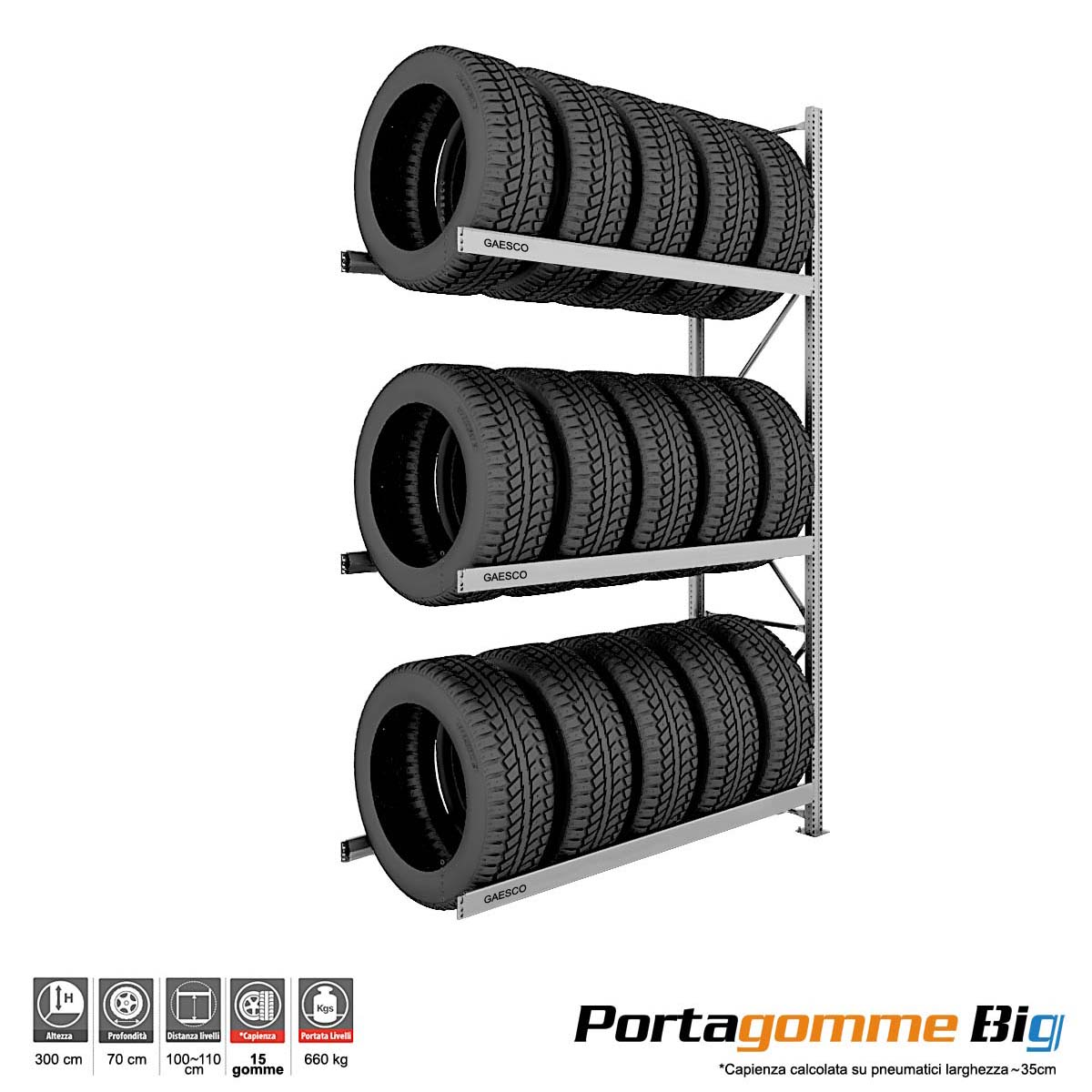 Scaffale Porta Gomme Big 3 livelli / cm. L.180xP.70xH.300-AGG