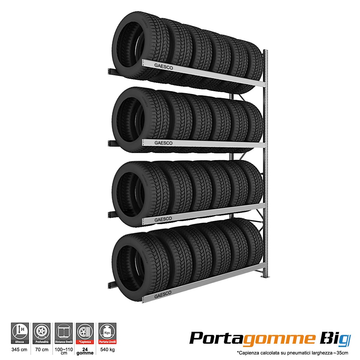 Scaffale Porta Gomme Big 4 livelli / cm. L.220xP.70xH.350-AGG