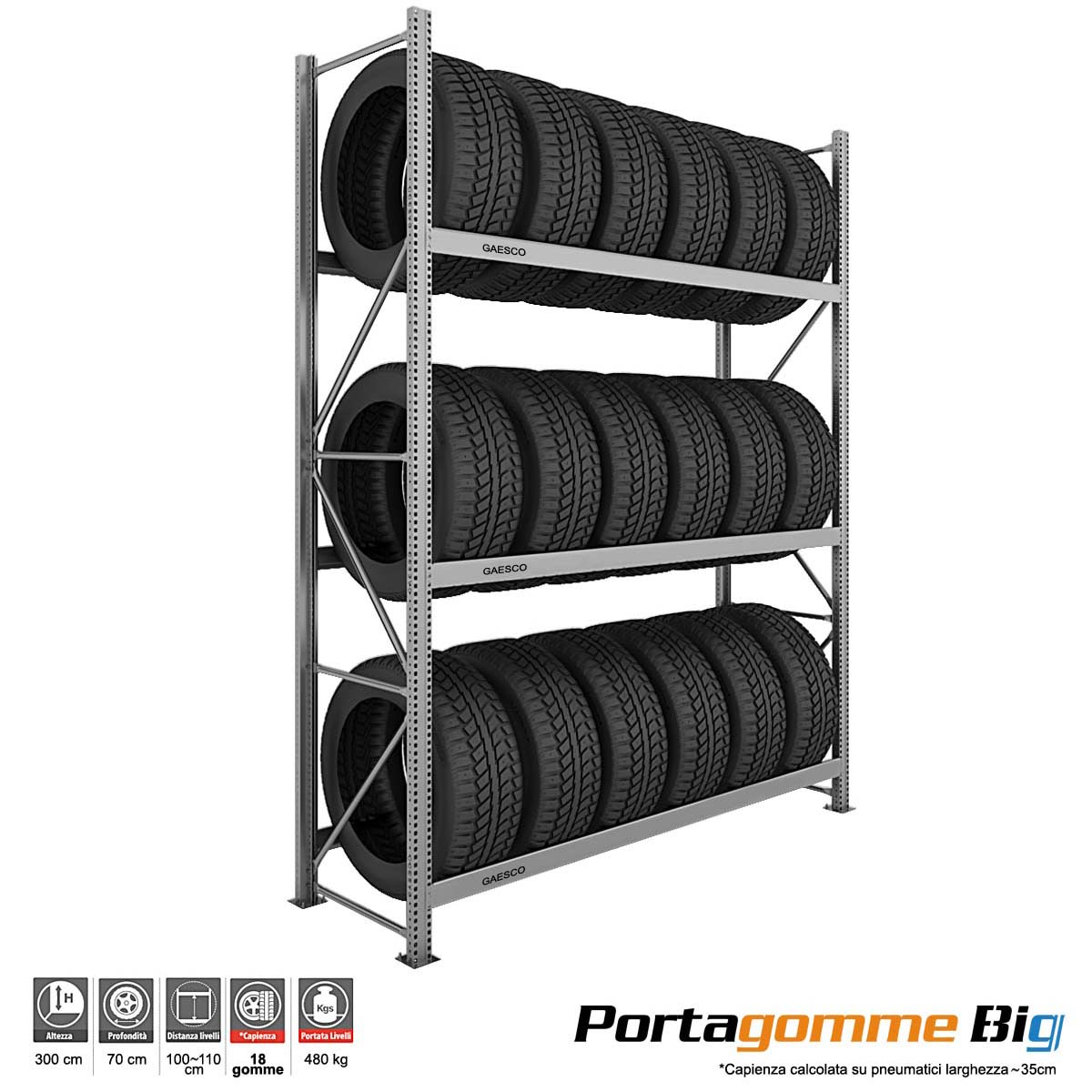 Scaffale Porta Gomme Big 3 livelli / cm. L.240xP.70xH.300-BASE