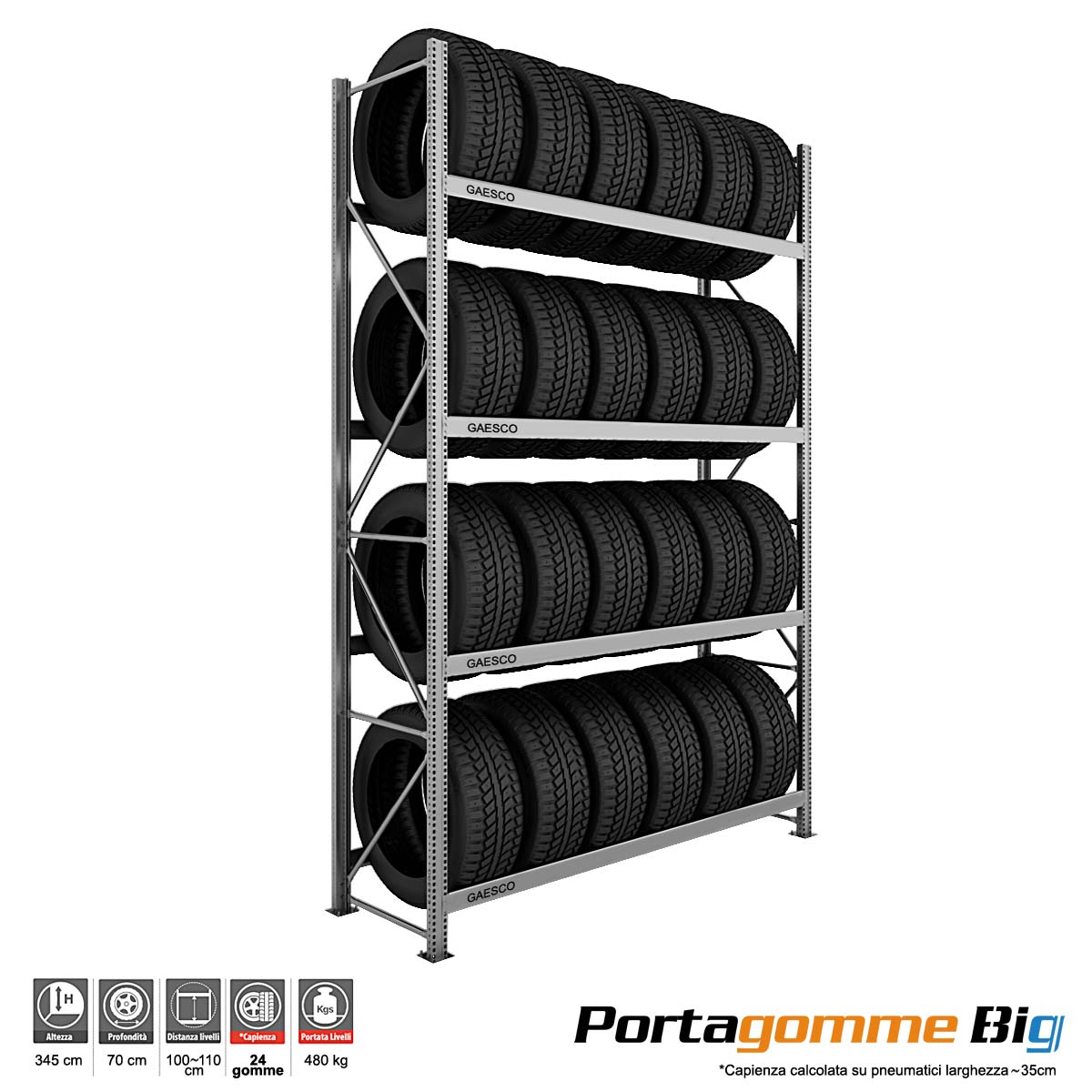 Scaffale Porta Gomme Big 4 livelli / cm. L.240xP.70xH.350-BASE