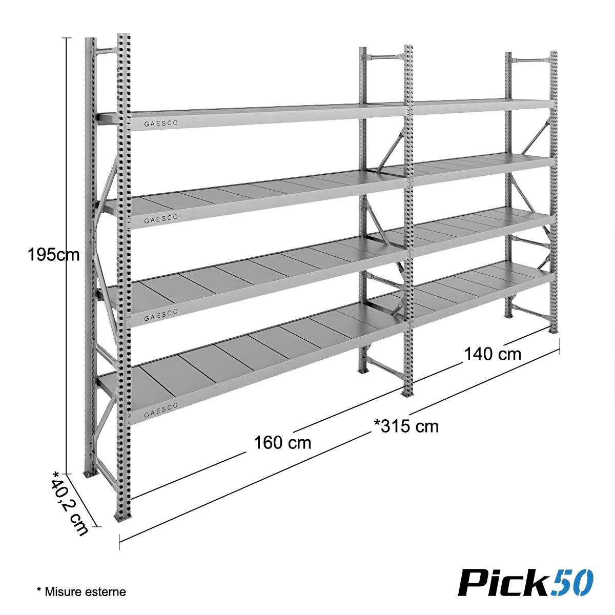 Scaffale Magazzino Robusto - cm. L.300xP.40xH.195 - Pick50