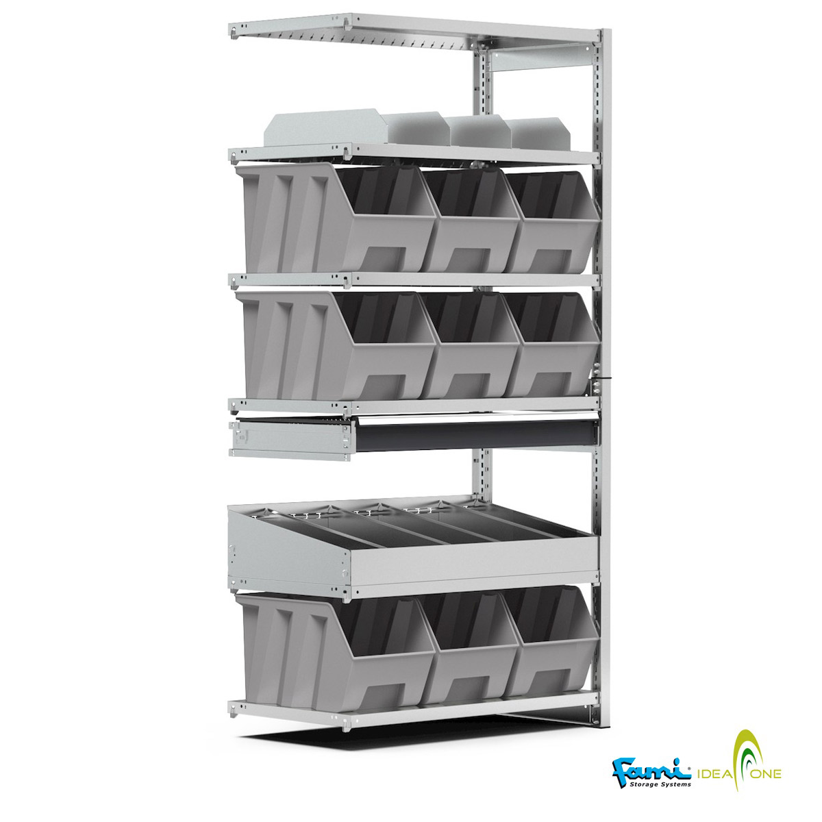 Scaffale porta minuterie a 6 ripiani / 9 contenitori mis. 4A5 / cm. L.100xP.50xH.200 (AGG.VO)