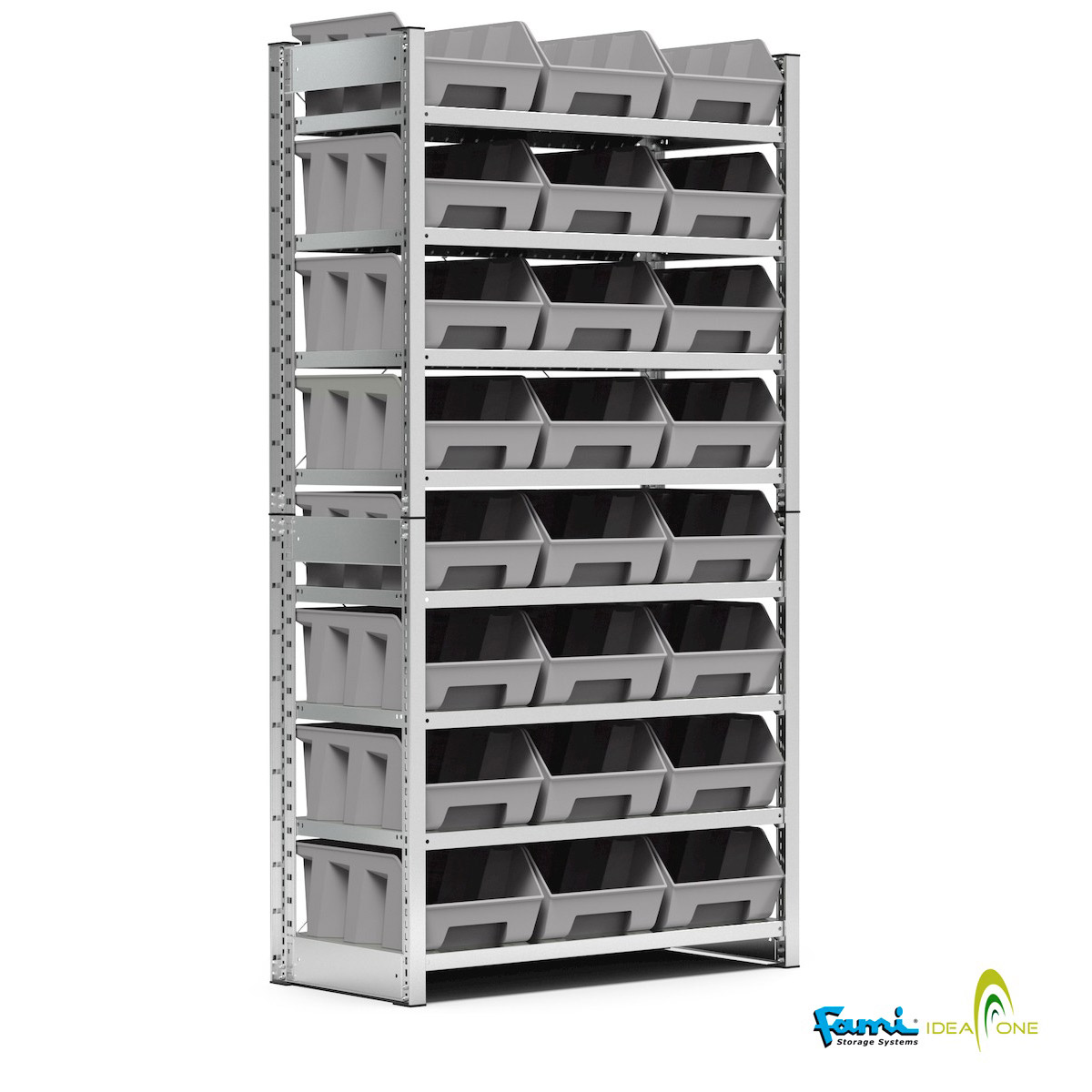 Scaffale con 24 cassette in plastica bocca di lupo (mis.4) FAMI – cm. L.100xP.50xH.205