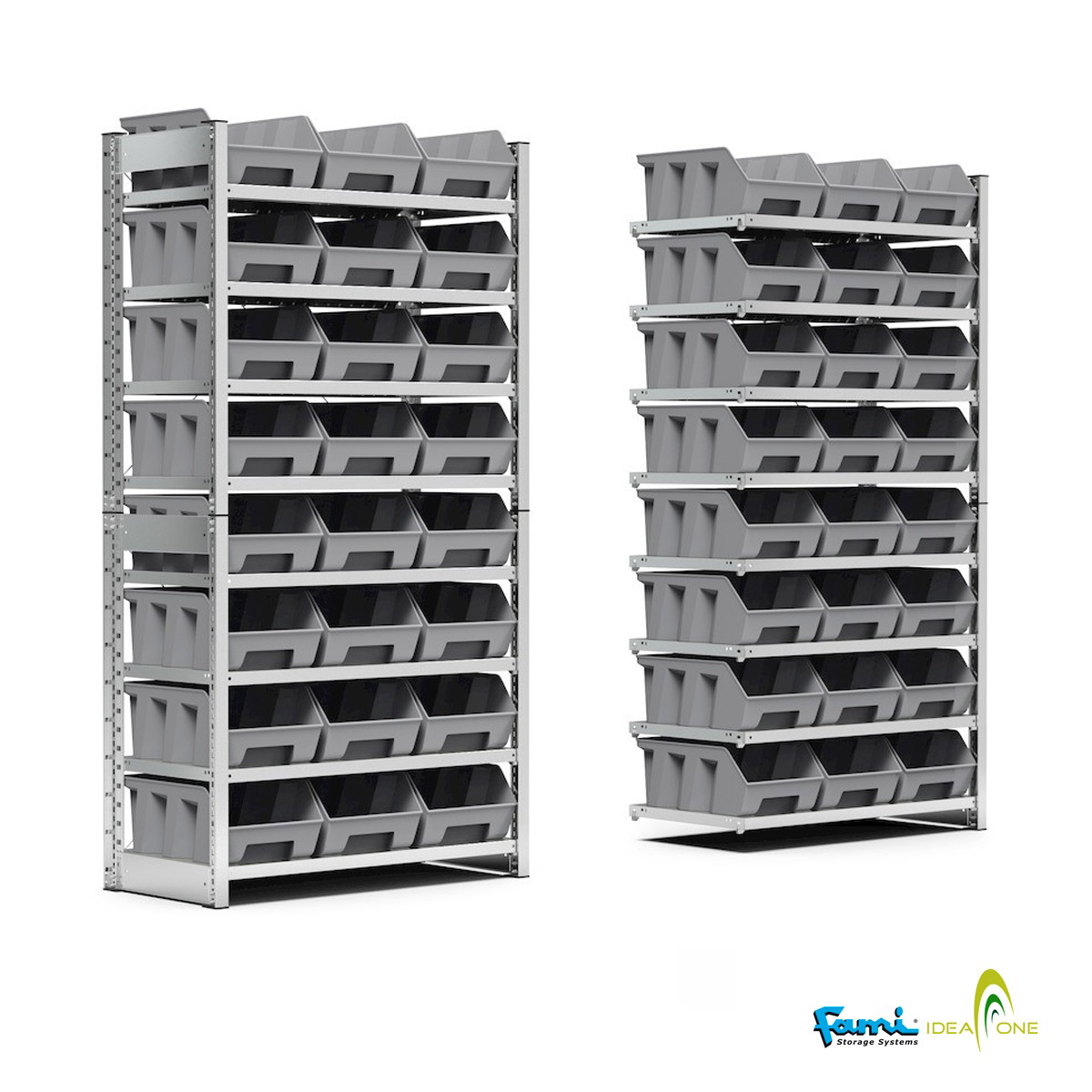 Scaffale con 24 cassette in plastica bocca di lupo (mis.4) FAMI – cm. L.100xP.50xH.205