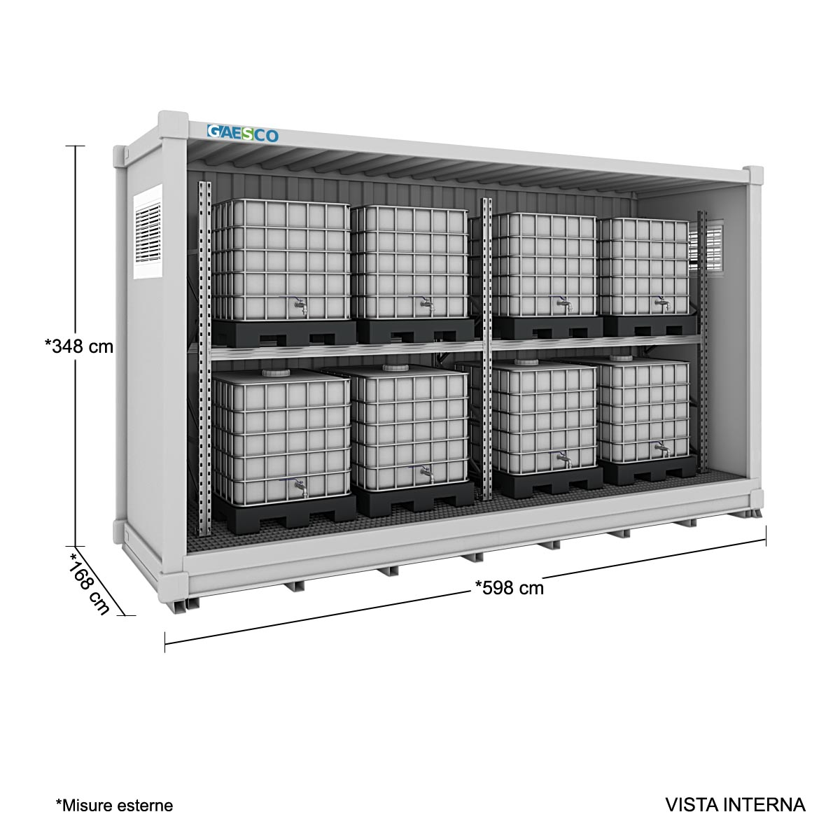 Shelter con vasca e scaffali - Capienza 8 cisternette / cm. L.598xP.168xH.348