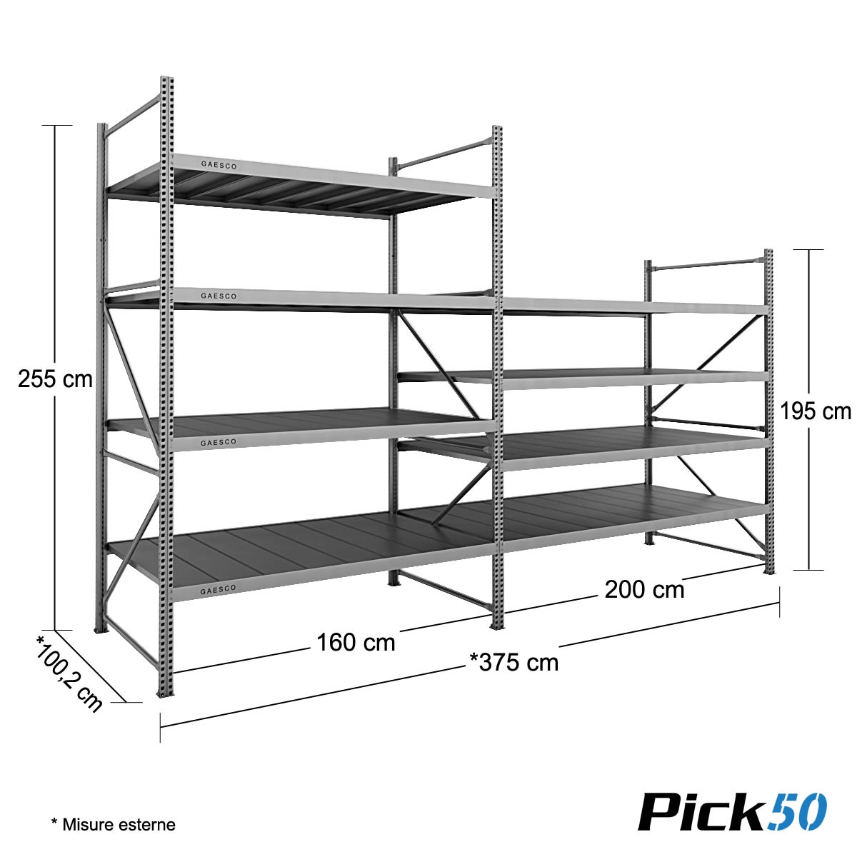Scaffale Magazzino Robusto - cm. L.360xP.100xH.255 - Pick50