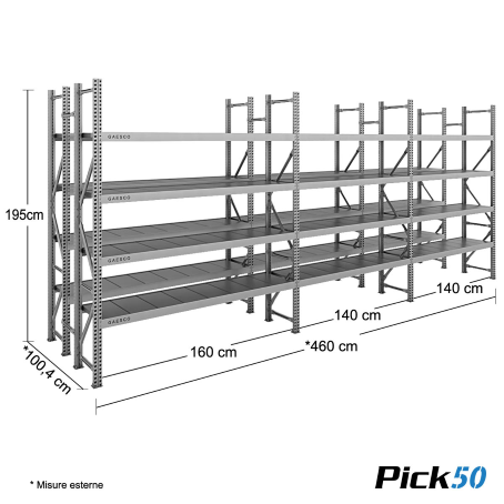 Scaffale Magazzino Robusto - cm. L.440xP.80xH.195 - Pick50