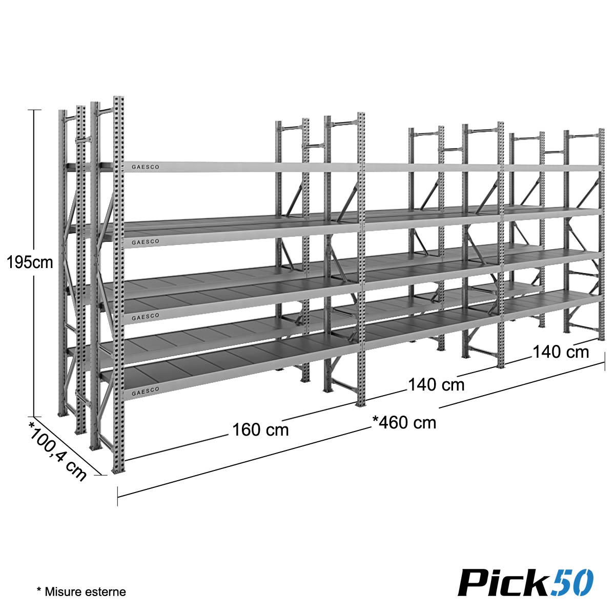 Scaffale Magazzino Robusto - cm. L.440xP.80xH.195 - Pick50