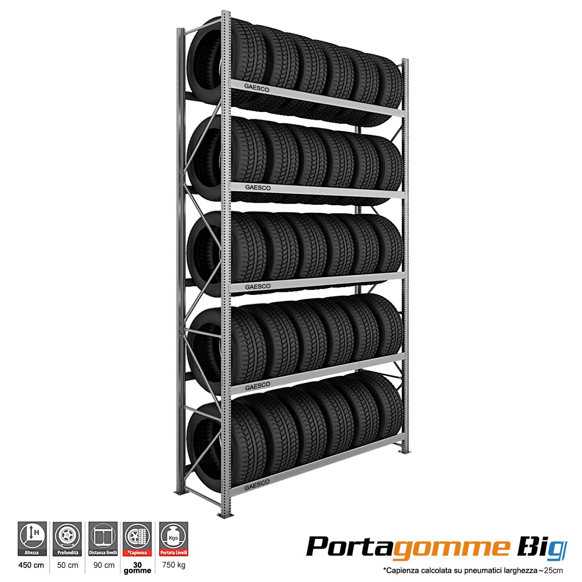 Scaffale Porta Gomme Big 5 livelli / cm. L.160xP.50xH.450-BASE