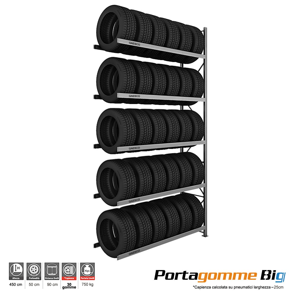 Scaffale Porta Gomme Big 5 livelli / cm. L.160xP.50xH.450-AGG