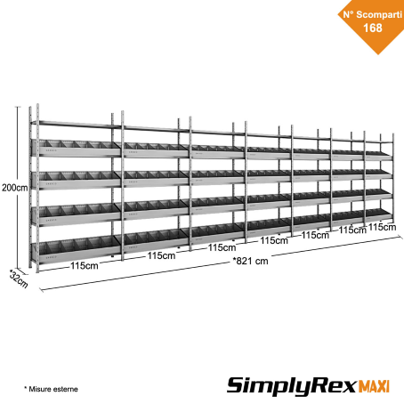 Scaffale per minuterie a 168 Divisori – Simplyrex – cm. L.821xP.30xH.200