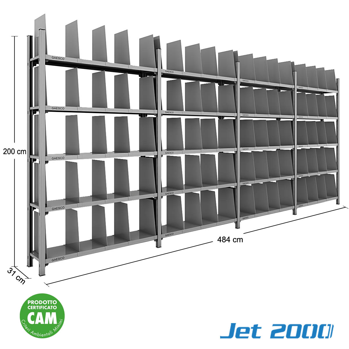 Scaffale con ripiani e separatori JET2000 / cm. L.480xP.30xH.200