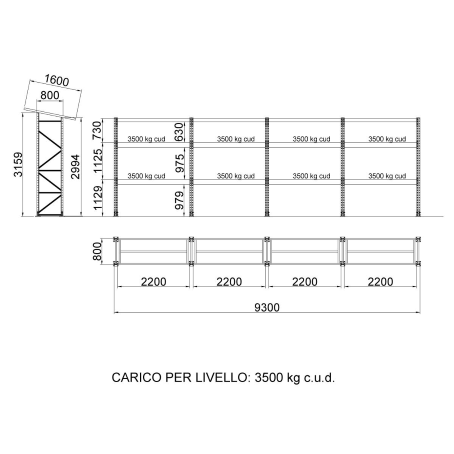 Scaffale portapallet con tettoia cm. L.930xP.80xH.315/300 (KIT)