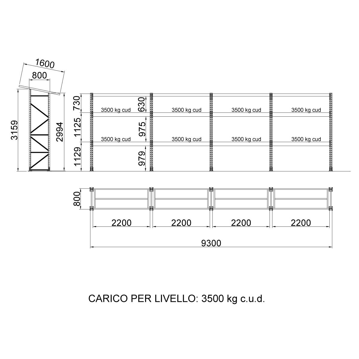 Scaffale portapallet con tettoia cm. L.930xP.80xH.315/300 (KIT)