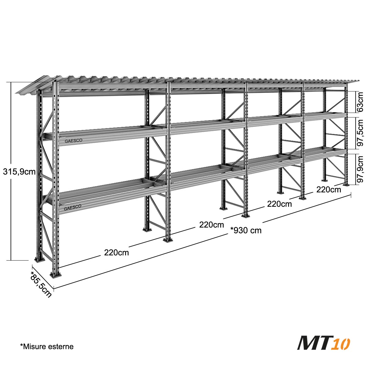 Scaffale portapallet con tettoia cm. L.930xP.80xH.315/300 (KIT)