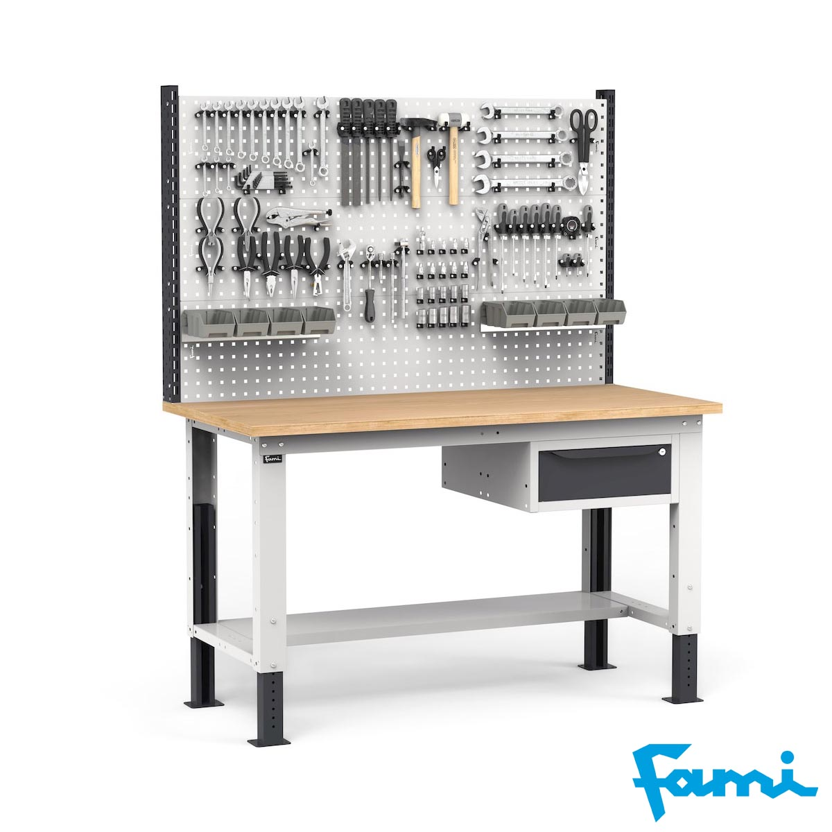 Banco da lavoro piano in legno H regolabile (GRIGIO) / cm. L.150xP.75xH.167,5/205 – FAMI WORK1528