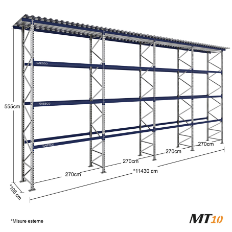 Scaffale Portapallet con tettoia (48 bancali) - cm. L.1140xP.100xH.550 (KIT)