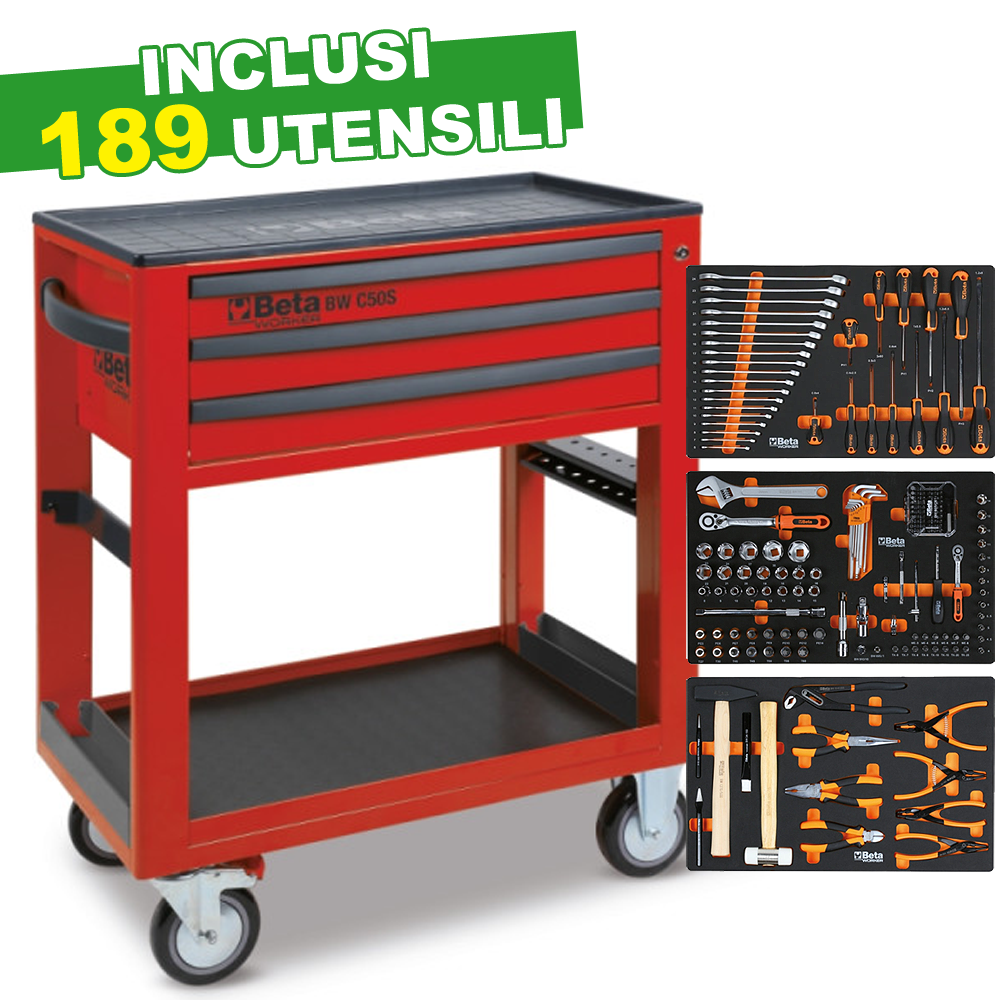 Carrello Beta Worker BW 5000S R/3M Rosso | 189 Utensili | Gaesco